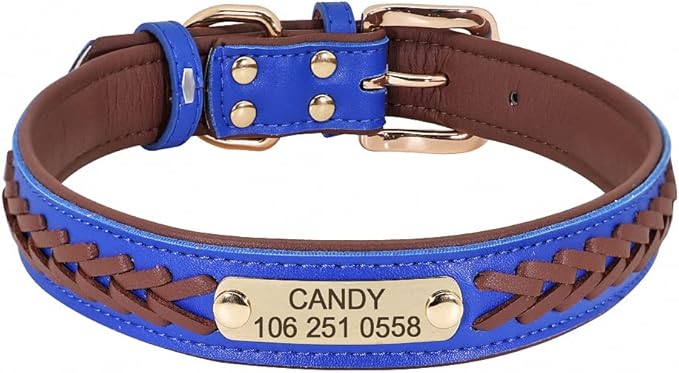 Personalized Braided Dog Collar Custom PU Leather Dog Collars Padded Pet ID Collar for Small Medium Large Dogs Pitbull Bulldog Brown S