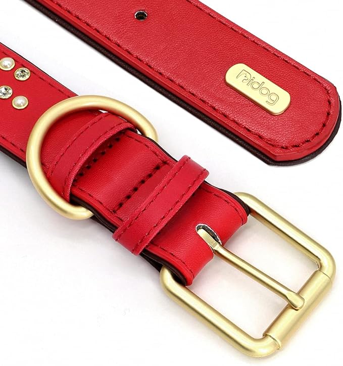 Rhinestone Custom Dog Collars Leather Personalized Crystal Pet Collar Padded Collars Adjustable for Small Medium Large Dogs Red XL