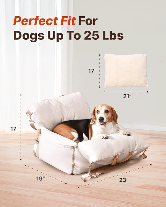 PET MARVEL Dog Car Seat for Small Dogs Up to 25 lbs, Pet Booster Seat with Safety Leash and Thick Cushion, Fully Detachable Washable Pet Bag with Storage Pocket, Portable Car Travel Carrier, Beige