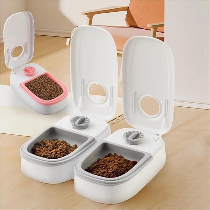 Automatic Pet Feeder with Timer - Large Capacity Electric Dog & Cat Food Feeder with Double Dish Bowl(Single Grey)