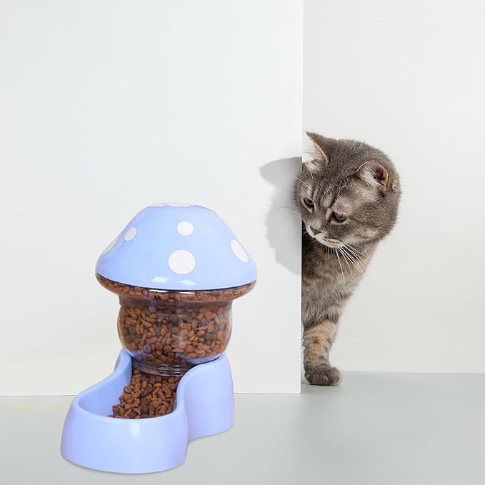 2025 Automatic Pet Feeder with Mushroom Shape for Cats Dogs Puppies Kittens Easy Clean Refill Dual Food Water Dispenser for Small Medium Pets at Home Travel (Blue)