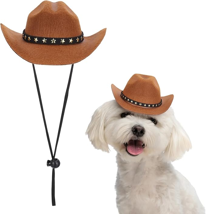 Dog Cowboy Hat, Mini Cowboy Hat for Pet with Chin Strap Adjustable Cosplay Cap, (Brown, M), Intended for Dogs and Cats/Halloween Costume/Party Decoration