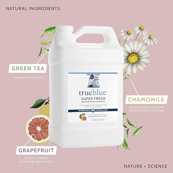 TrueBlue Grapefruit & Chamomile Concentrated Deodorizing Dog Shampoo – Cleansing Wash, Moisturizing – Toxin Free, Natural Botanical Blend – Tearless – 1 Gallon