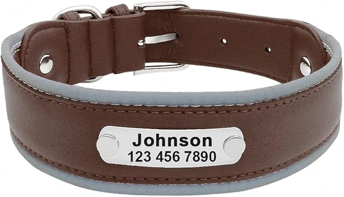 Reflective Large Dog Collar Leather Personalized Pet Dog Collars coleira para cachorro for Big Pit Bull Dogs German Shepherd Coffee M