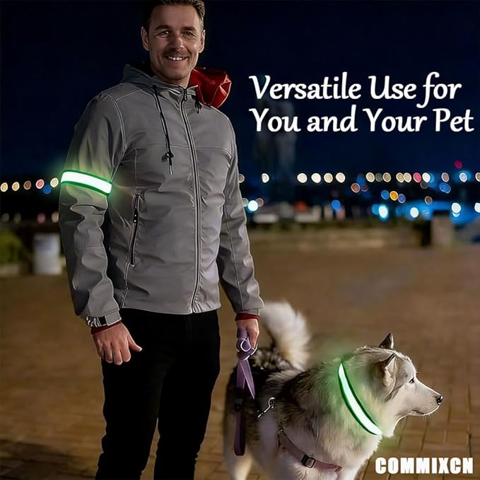 COMMIXCN Green LED Light Up Dog Collar, High Visibility Reflective Pet Collar, Adjustable Universal for Dogs & Humans, for Large Medium Small Dogs