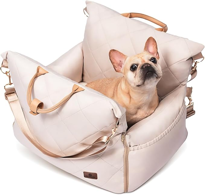 PET MARVEL Dog Car Seat for Small Dogs Up to 25 lbs, Pet Booster Seat with Safety Leash and Thick Cushion, Fully Detachable Washable Pet Bag with Storage Pocket, Portable Car Travel Carrier, Beige