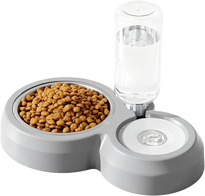 JAY D.L Double Dog Bowls, Cat Food and Water Bowl Set with Water Dispenser and Stainless Steel Bowl Gravity Feeder for Small or Medium Size Dogs Cats Rabbits (Grey)