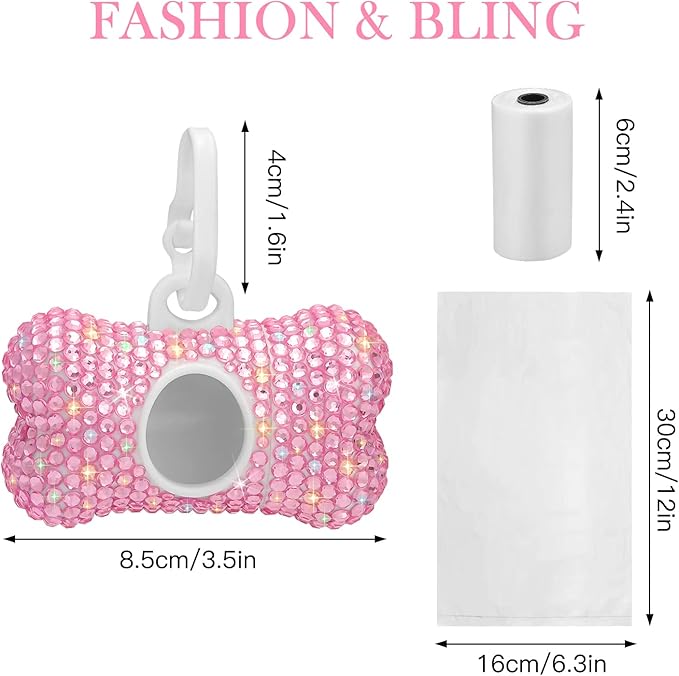 SAVORI Dog Poop Bag Holder Bling Crystal Dog Waste Bags Dispenser for Pet Dog Doggy with Carabiner Clip Includes 1 Roll 15 Bags (Pink)