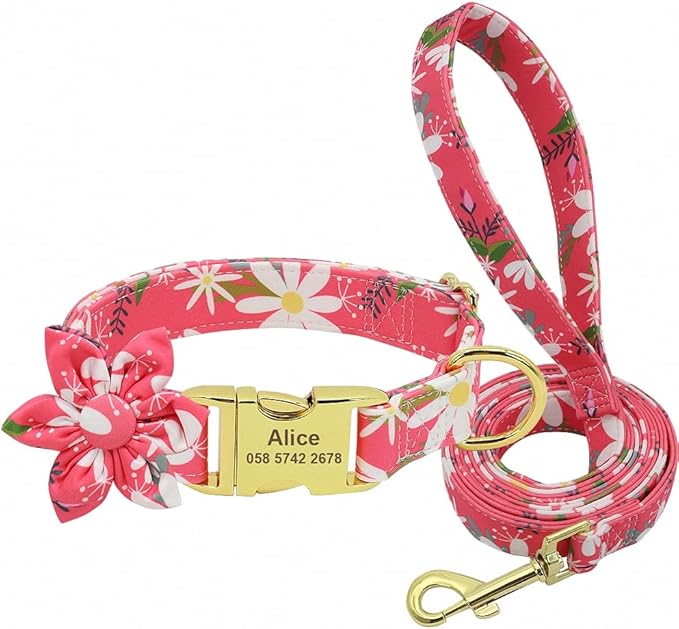 Flower Custom Dog Collar Leash Floral Printed Nylon Pet Dog Collars Lead Personalized Puppy Collars for Small Medium Large Dog 151 red Set S