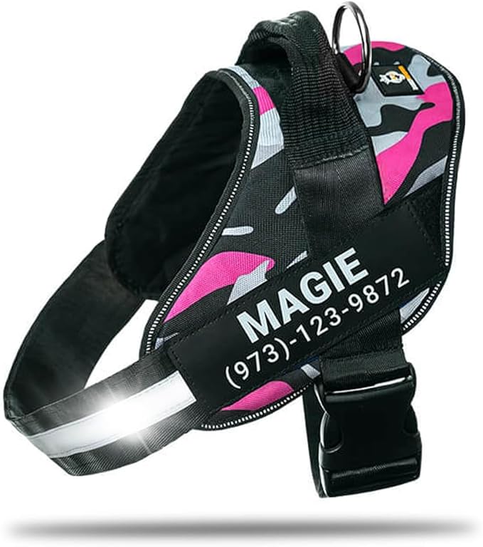 Personalized No-Pull Dog Harness with Name Patch, Adjustable, Reflective, Padded, Heavy Duty Pet Vest to Prevent Tugging, Pulling, or Choking, Training and Walking, Camouflage Pink, S