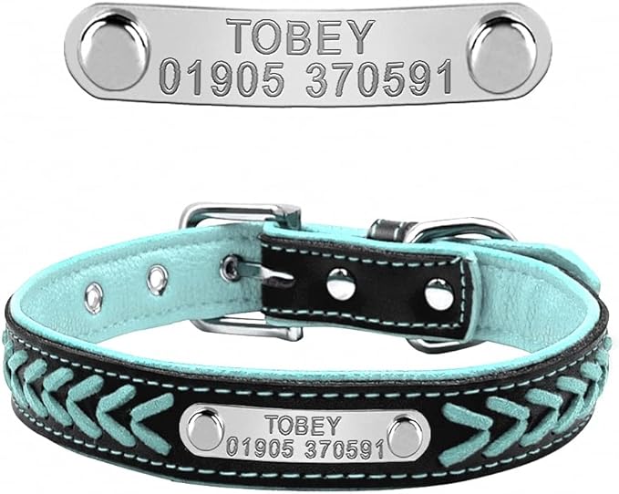 Customized Dog Collars Adjustable Padded Leather Personalized Pet Name ID Collar Free Engraving for Small Medium Large Dogs Cats Blue S