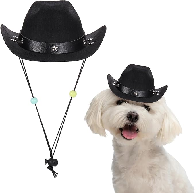 Dog Cowboy Hat, Mini Cowboy Hat for Pet with Chin Strap Adjustable Cosplay Cap Star Decor, (Black, L), Intended for Dogs and Cats/Halloween Costume/Party Decoration