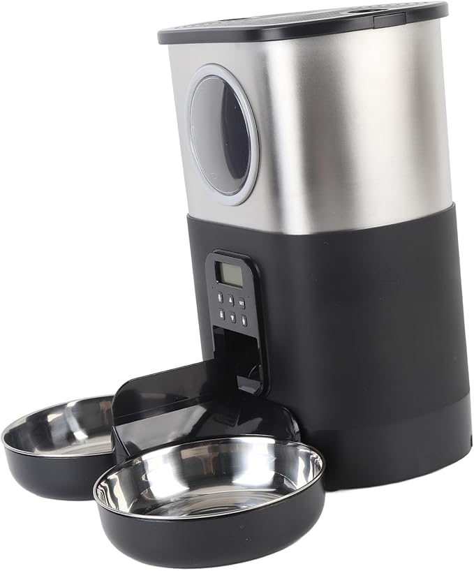 Automatic Pet Feeder, 5L Large Capacity Automatic Timed Cat Feeders with Visable Window Quantitative Feeding Stainless Steel 2 Bowls Dog Food Dispenser for Cats Dogs (Black)