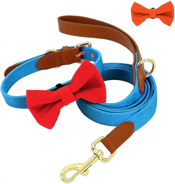 Small Dog Collar Leash Set Nylon Pet Collars Walking Lead Cute Puppy Bowknot Necklace for Small Medium Dogs Cats Adjustable Blue Set XS