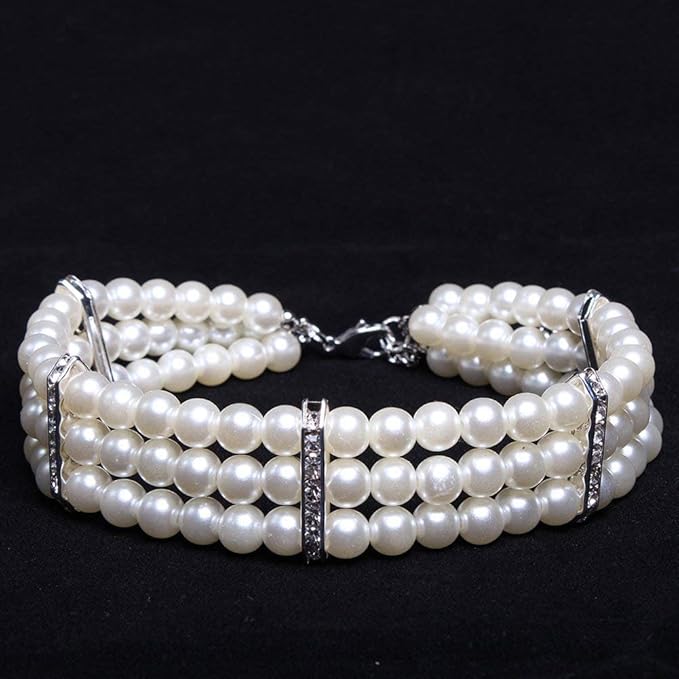 Fancy 3 Row Pearls Diamond Dog Necklace Collar Jewelry with Bling Rhinestones for Pets Cats Small Dogs Girl Teacup Chihuahua Yorkie Clothes Costume Outfits (White, Neck Size: 8"-10")