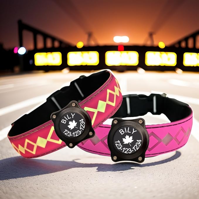 Personalized Flashing Night Dog Collar with Waterproof airtag Holder for Black Dog Night Walking (Pink, M(11.8-15.7"))