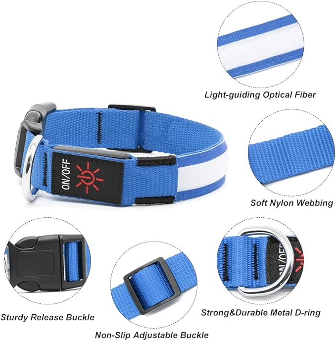 LED Dog Collar, USB Rechargeable Light Up Dog Collars, Adjustable Glow Collars for Dogs,Reusable Safety Dog Collar for Small, Medium, Large Dogs (Blue, Large)