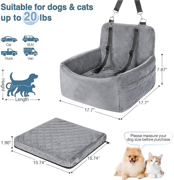Deluxe Pet Car Seat, Booster Car Seats with Thick Cushionb for Dogs Up to 20 lbs, Detachable Washable Pet Travel Safety Bed with 2 Storage Pockets,and 2 Safety Belts (White)