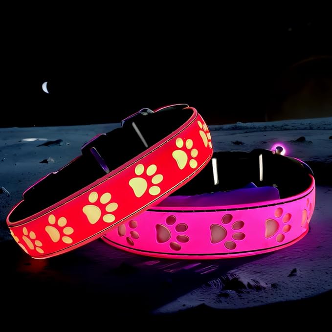 LED Dog Collar with Paw Print Design, 15 Light Modes, Waterproof, Includes Bone-Shaped Name Tag, Multiple Colors (Pink, S(7.87-11.8"))