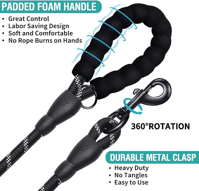 COOYOO 2 Pack Dog Leash 5 FT Heavy Duty - Comfortable Padded Handle - Reflective Dog Leash for Medium Large Dogs with Collapsible Pet Bowl