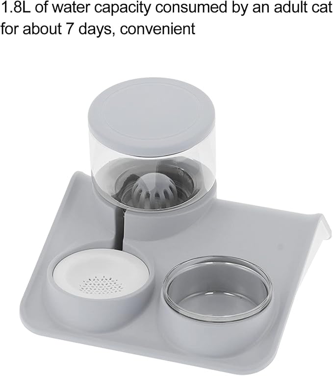 Pet Water Dispenser and Food Bowl Set, 1.8L Automatic Water Dispenser with Detachable Bowl, PPPET Material, Non Slip Base, Convenient for Cats and Small Dogs (Roof Drinking Fountain Gray)