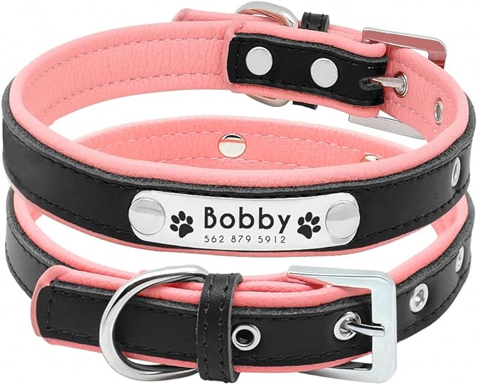 Personalized Dog Collars Leather Padded Customized Dogs Collars Name ID Collar for Small Medium Dogs Cats Blue Pink Black Red