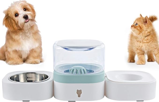 2 in 1 Pet Automatic Water Dispenser and Food Bowl Set, Durable & Detachable Stainless Steel Feeder Bowl,No-Spill Self-Dispensing Gravity Waterer for Small Dogs and Cats1.8L