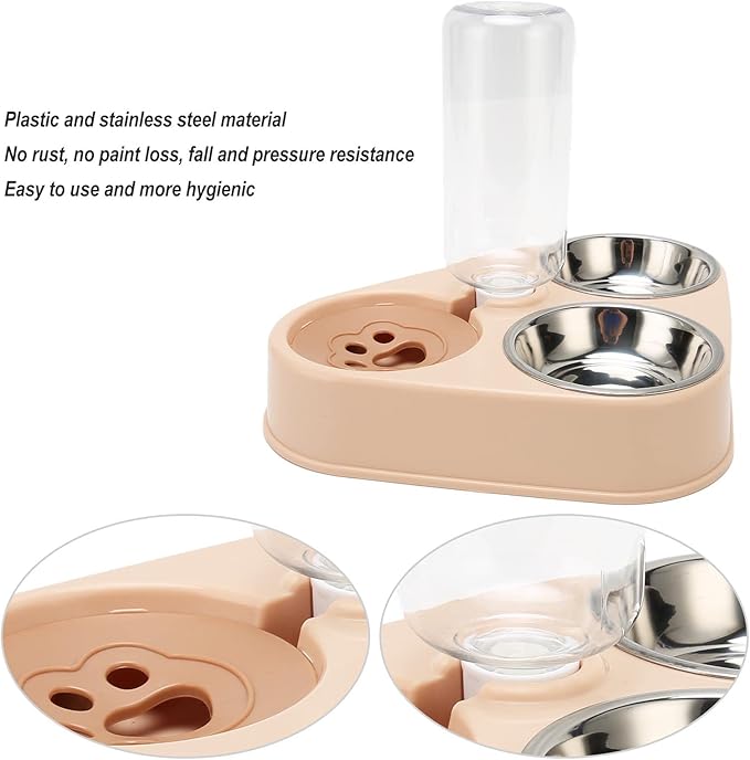Pet Food & Water Bowl Set, Automatic Refill Bottle with Non Slip Base, Stainless Steel Bowls for Cats and Dogs, Pink