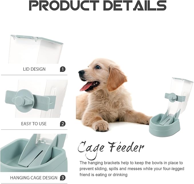 POPETPOP 2l Hanging Automatic Dog Feeder Pet Cage Feeder Gravity Pet Food Dispenser for Kennel Use with Blue Bowl
