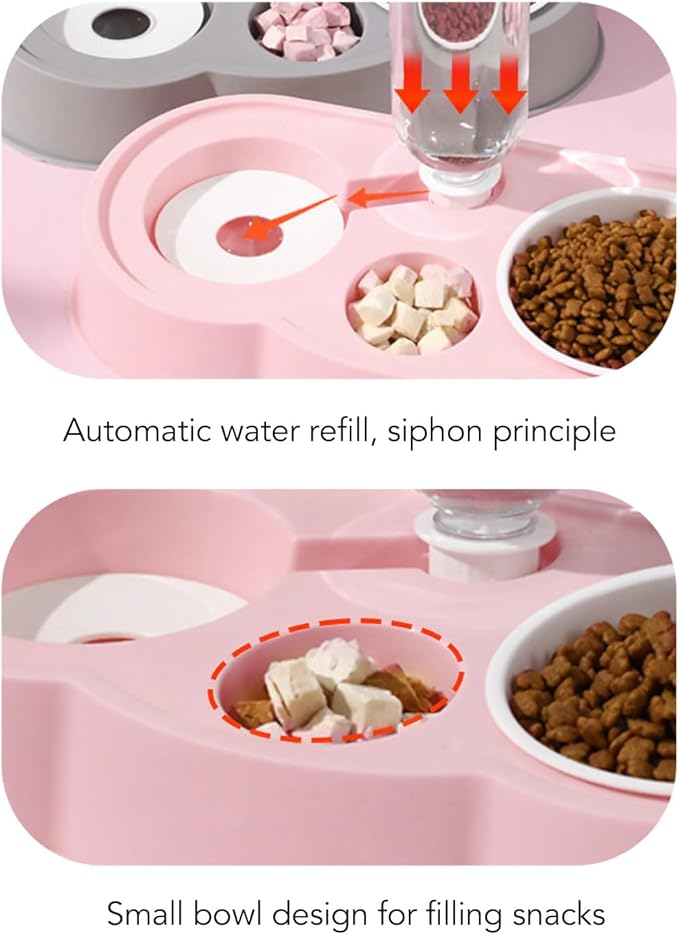 Pet Water and Food Bowl Set, Stable Prevent Slip Double Pet Bowls with Automatic Water Dispenser Bottle, Double Dog Cat Bowls Pet Feeding Bowls for Cats Small Dogs(Pink)