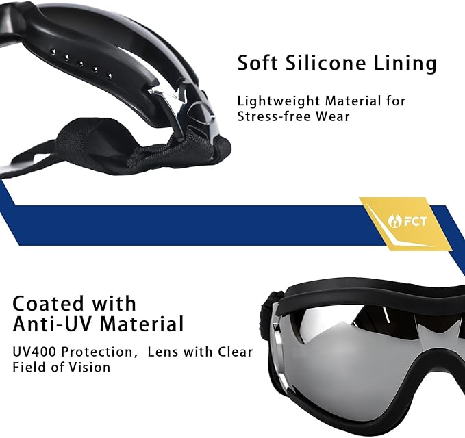 Dog Goggles UV400 Protection, Ski Goggles for Medium to Large Breeds with Adjustable Strap, Dog Sunglasses with Wide Snout & Soft PVC Frame - UV-Resistant/Snowproof for Ski,Cycling (Black)