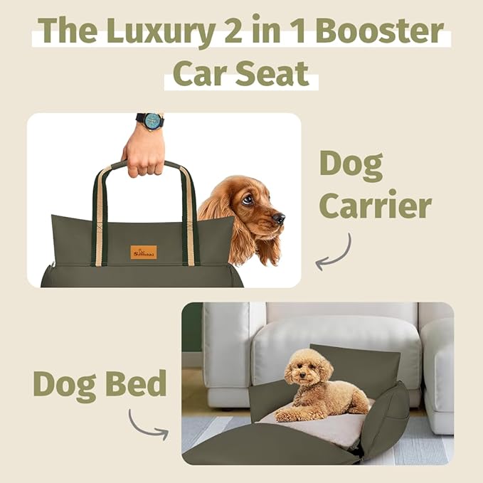 Car Seat & Dog Bed | Waterproof Booster Seat for Small & Medium Dogs Up to 30 Lbs | Easy to Carry with Handles & Storage Pockets (Olive)