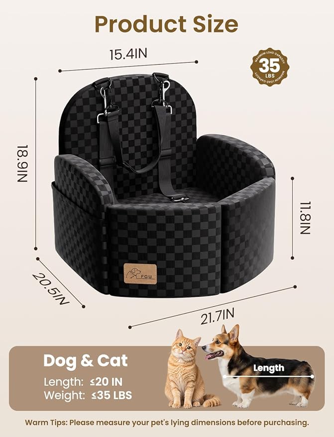 Dog Car Seat for Small/Medium Dogs Up to 35 lbs, Elevated Memory Foam Dog Booster Seat with 2 Safety Belts, Travel Safety Pet Car Seat with Detachable Washable Cover and Storage Pockets (Black/Black)