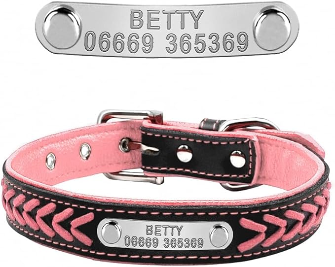 Customized Dog Collars Adjustable Padded Leather Personalized Pet Name ID Collar Free Engraving for Small Medium Large Dogs Cats Pink S