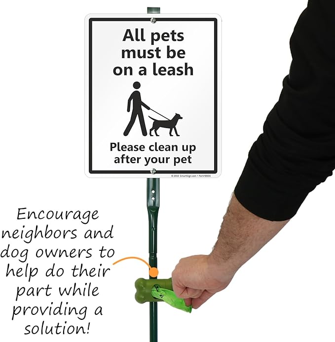 SmartSign All Pets On A Leash Please Clean Up After Your Pet Yard Sign & Clip-On Plastic Dispenser Combo/Kit, 10"x12" Aluminum Sign with 3ft Stake, Compact Dispenser Preloaded with a 15 Poop Bags Roll