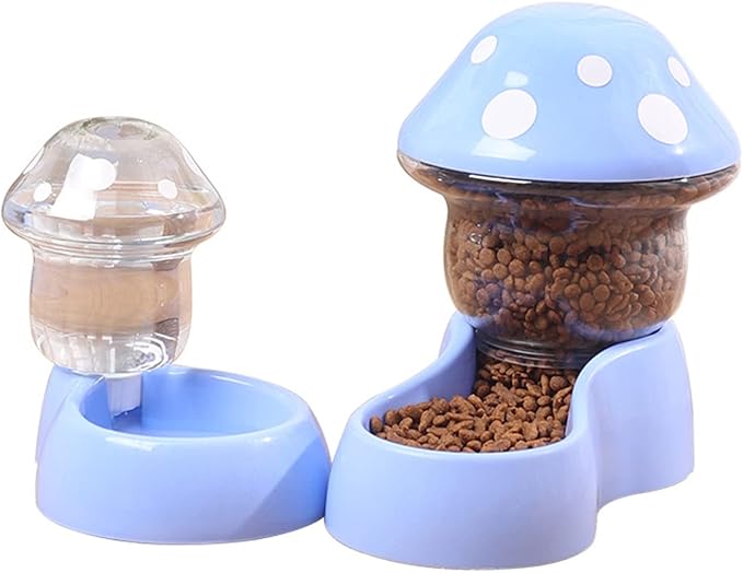 Pets Auto Feeder, Automatic Cat & Dog Gravity Food & Water Dispenser, Mushroom Shape Pet Food & Water Bowl for Small to Medium Pets, Puppy & Kitten - Blue