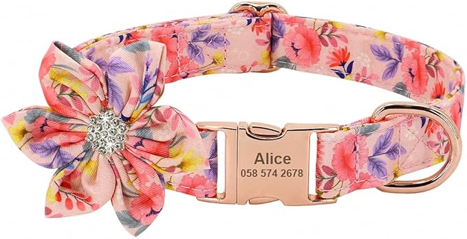 Rhinestone Personalized Dog Collar Leash Set Flower Printed Customized Pet Collar Puppy ID Collar for Small Medium Large Dogs Pink Collar S