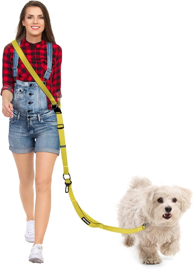 Hands Free Dog Leash & Car Seatbelt, 5.9-9.5ft Crossbody Dog Belt with Dual Soft Handles, Shock-Absorbing, 360° Clip, Reflective Design for Walking, Running, Hiking, Travel.(Yellow)