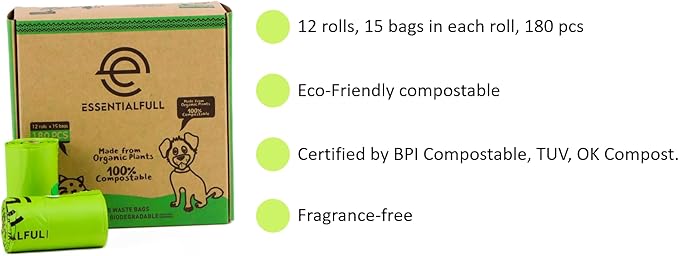 Compostable Dog Poop Bags with Handles 180 Count 12 Rolls Leak Proof and Strong Pet Waste Bags for Cats and Dogs