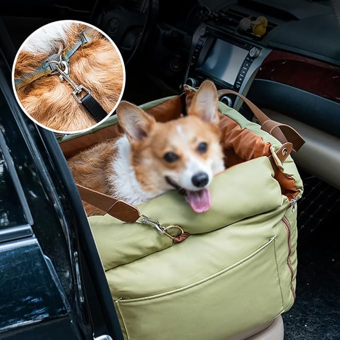 Leather Pet Car Seat for Citroen C4 Sedan Coupe Hatchback Non-Slip Removable Waterproof Scratch-Resistant Easy to Clean Camping with Safety Belt Car Accessories,Green Orange