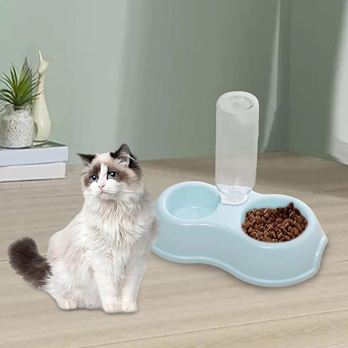 Double Cats Dogs Bowls Automatic Waterer Bottle Puppy Drinker Dish Pet Feeding Station Pets Water and Food Bowl Set for Small Animals Bunny, Blue