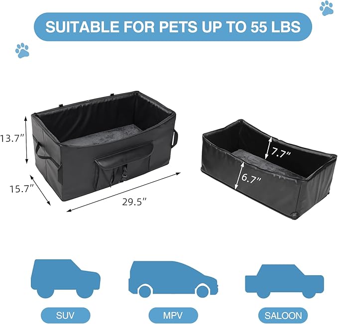Dog Booster Seat for 2 Small/Medium Dogs, Dog Car Seat with 2 Safety Belt, Upgraded/PU Leather/Waterproof/Anti-Odour Puppy Car Seat