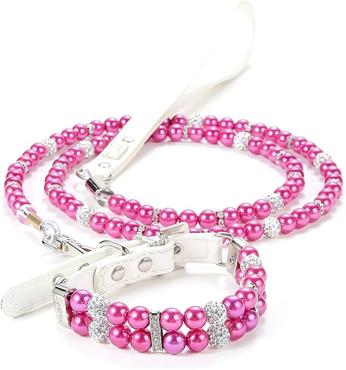 Purple Pearl Small Dogs, Beaded Cat Collar Leash Set Pu Leather Puppy Necklace with Crystal Rhinestone Diamond Adjustable for Girl Kitten XXSmall Small Medium Female Dogs Wedding & Birthday Party, XS
