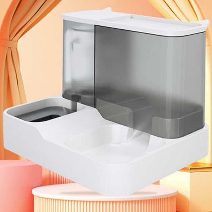 Pet Water Food Dispenser, One Piece Design Large Capacity Food Grade PP Transparent Window Dog Feeder Wet Dry Separation for Indoor for Cat (Grey)