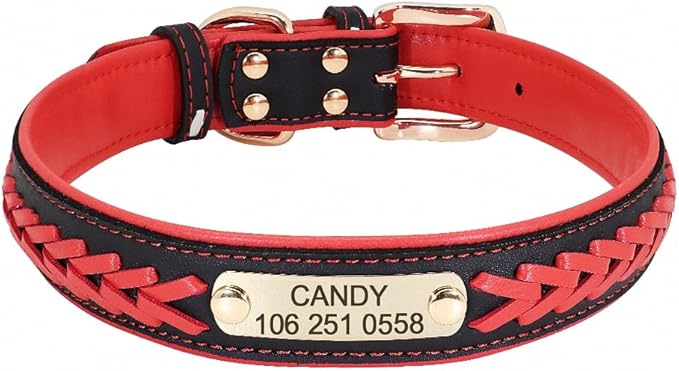 Personalized Braided Dog Collar Custom PU Leather Dog Collars Padded Pet ID Collar for Small Medium Large Dogs Pitbull Bulldog Red L