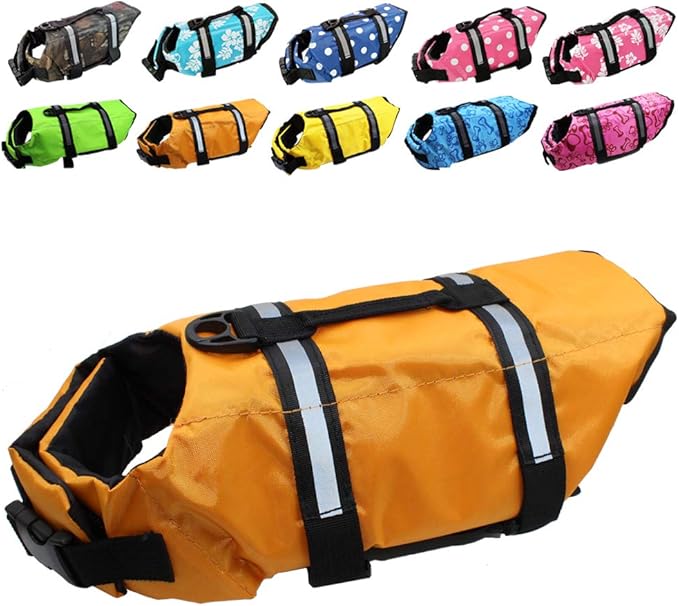 Dog Life Jacket Easy-Fit Adjustable Belt Pet Saver Swimming Safety Swimsuit Preserver with Reflective Stripes for Doggie (S, Orange)
