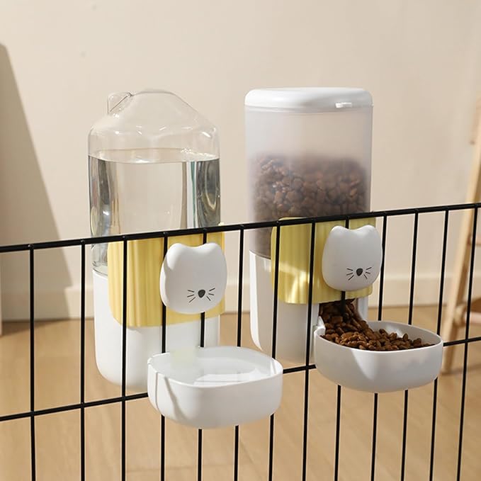 2Pieces Auto Dog Feeder with Cartoon Face, Hanging Mount Food Water Bowl, Easy Maintenance for Kittens & Puppies Cage Mounted Automatic Feeder