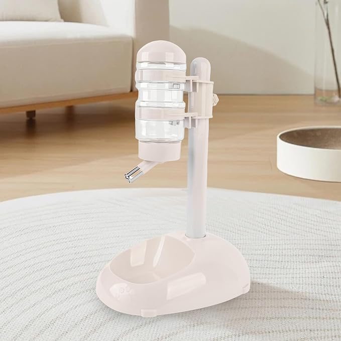 Tnfeeon Adjustable Height Pet Standing Water Dispenser Feeder, 17oz Capacity Automatic Water Bowl with Detachable Bottle for Puppies and Small Dogs, Plastic Base 9.8x7.1 Inches (Beige)