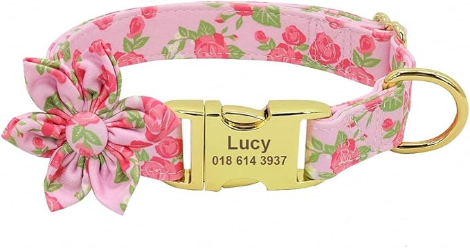 Custom Flower Dog Collar Nylon Floral Printed Pet Dog Collars Personalized Puppy Collar for Small Medium Large Dogs Cat Pitbull 151 Pink L
