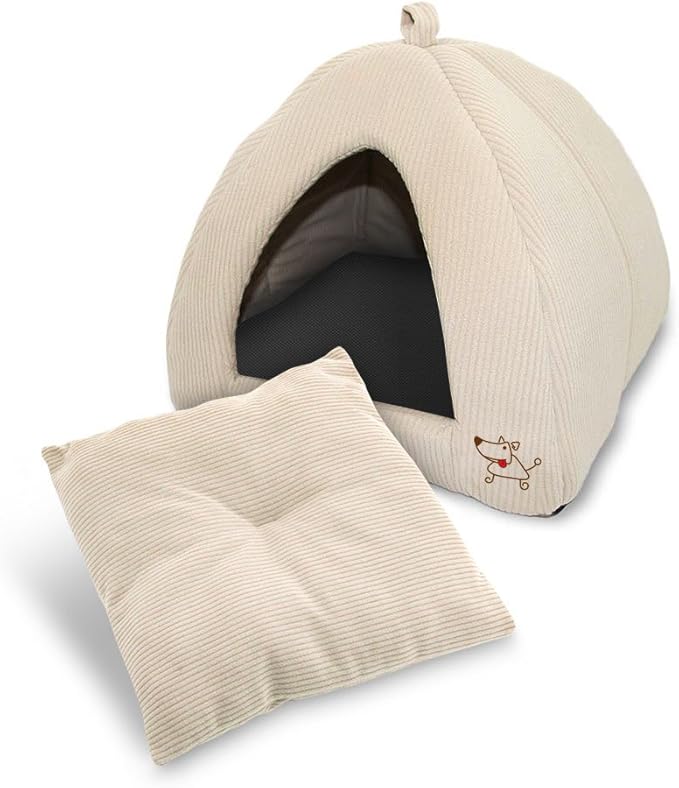 Best Pet Supplies Dog House Bed Crate Mat Tent Indoor Round Soft Plush for Small, Medium, and Large Breeds - Beige Corduroy, 19 x 19 x H:19"